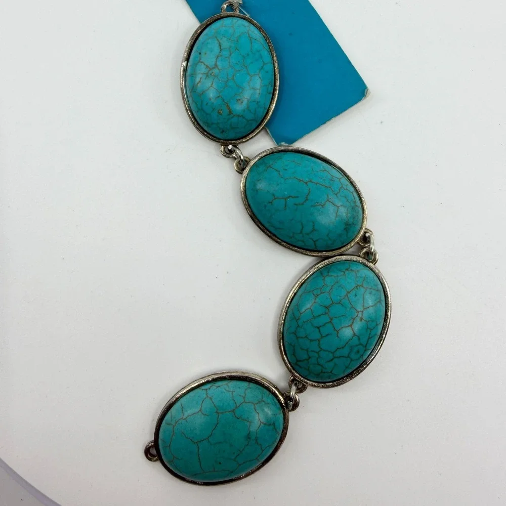 Hildie & Jo Turquoise Blue Wagnerite Oval Bead Links Silver Tone Jewelry Making